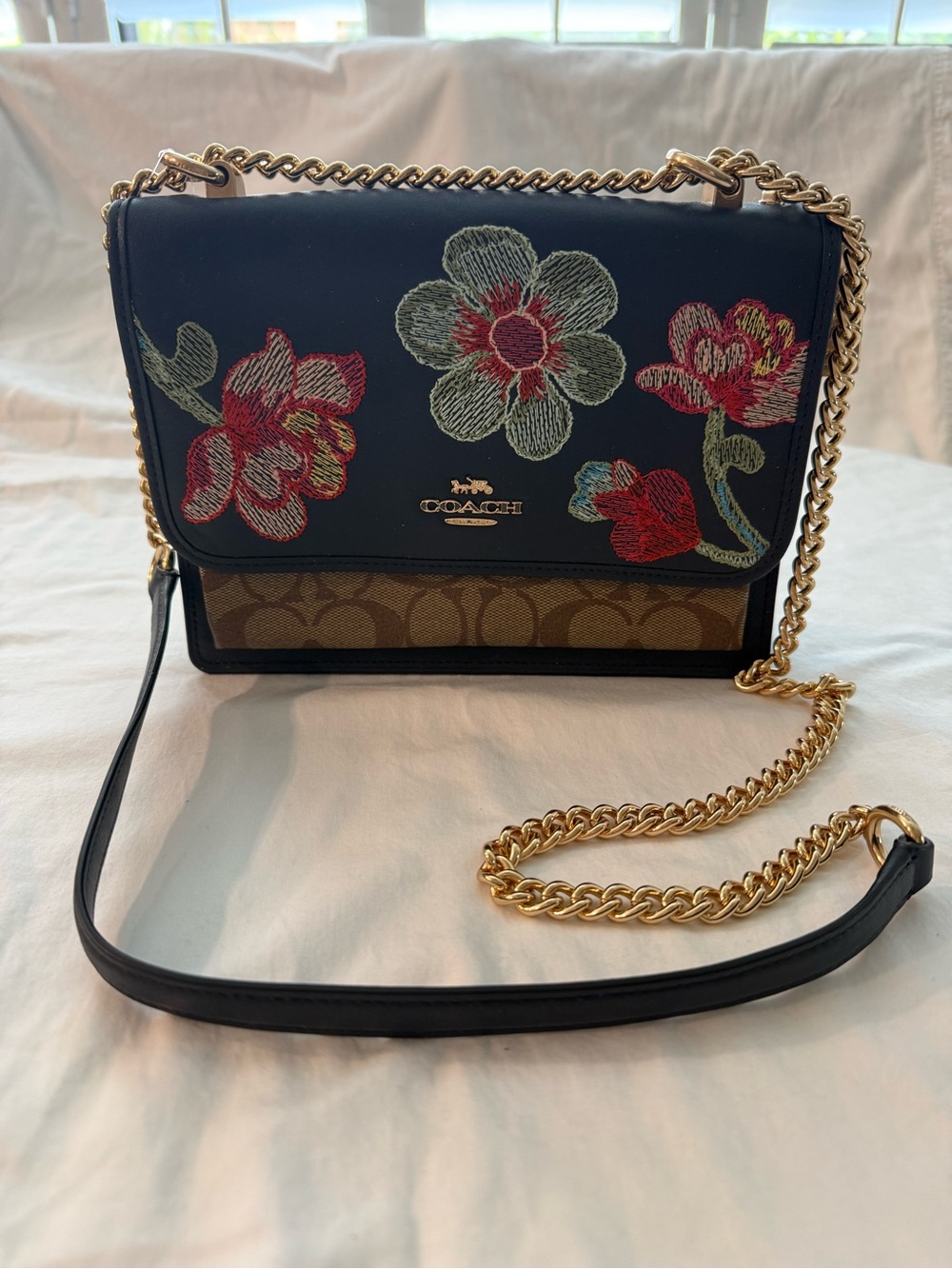 Coach Midnight Navy Floral Embroidered Crossbody with Gold Chain